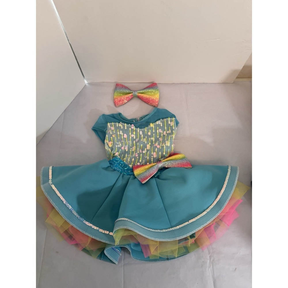 Weissman Turquoise Rainbow Sequin Dance Costume Style 64830 with 2 Hair Bows‎